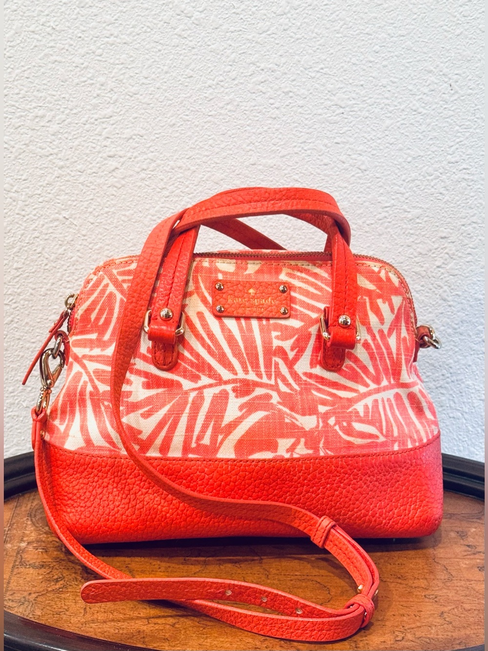 kate spade Grove Court Palm Leaf Print Fabric & Pebble Leather Satchel Handbag